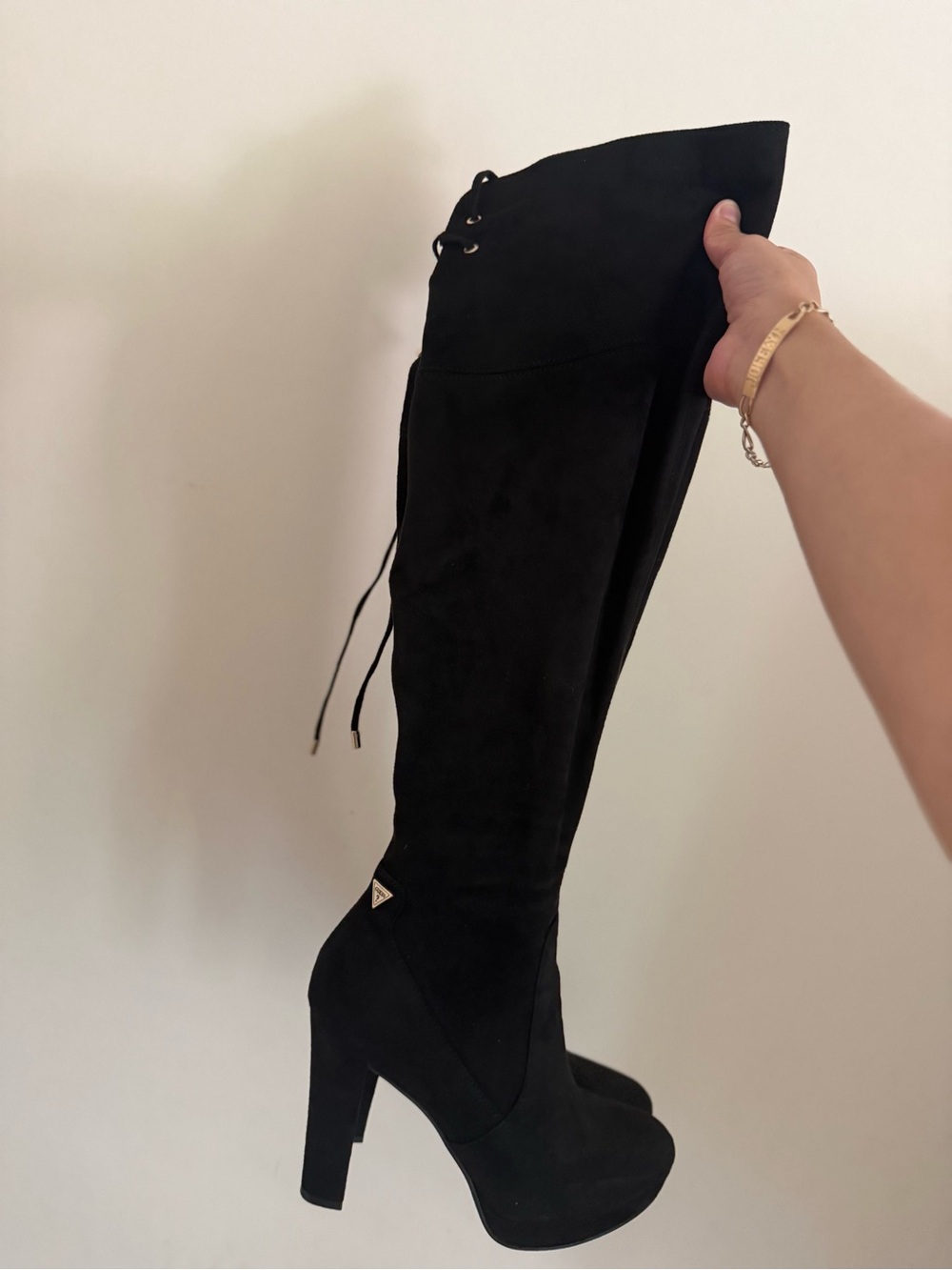 Guess Black Over-the-Knee Lace-Back High Heel Boots